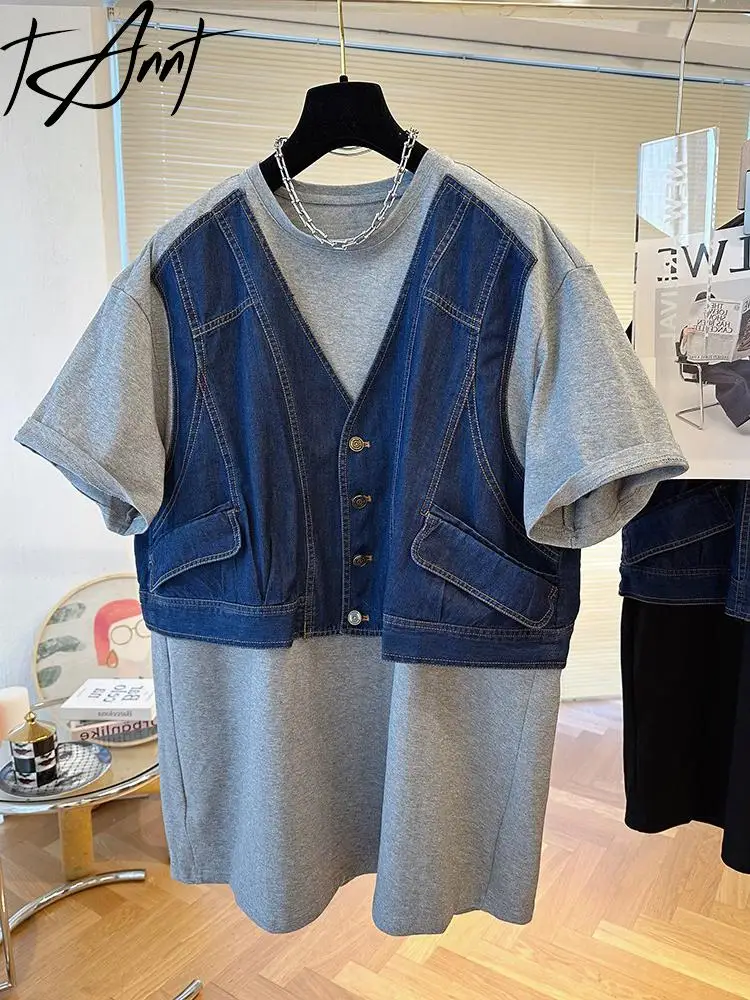 

Tannt Women T Shirt Denim Patchwork Asymmetrical Fake Two T Shirt Women Color Matching Short Sleeves Casual T-shirt Tops 2023