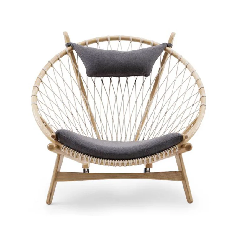 

Rattan Solid Wood Short Circle Chair Woven Rope Net Backrest Leisure Chair Balcony Easy Chair