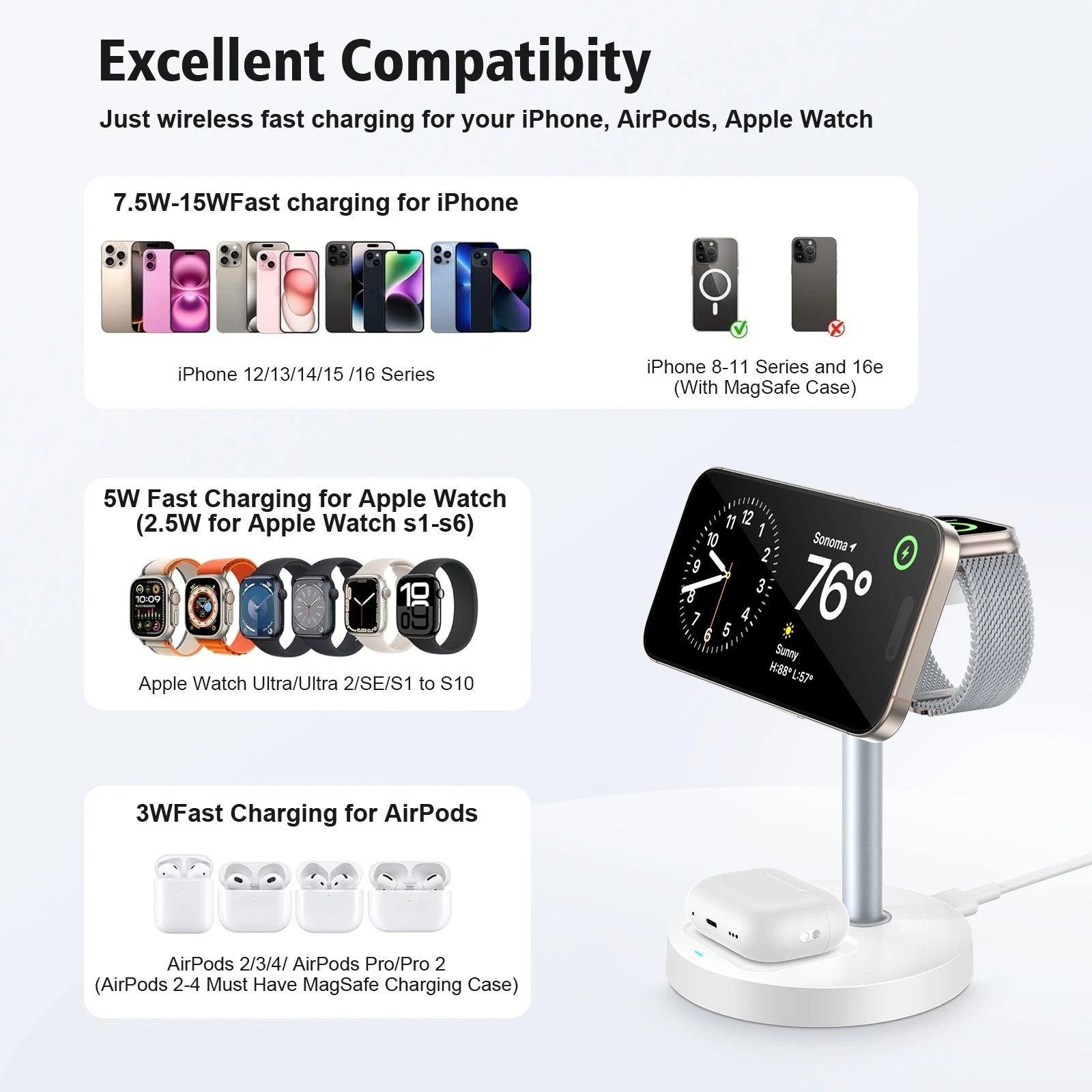 15W 3-in-1 Magnetic Wireless Charging Station Travel Fast Charger For Magsafe iPhone 16 15 14 13 12 Apple Watch 10-2 AirPods Pro