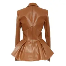 

Leather Jacket collar high turn-down sleeves Corset autumn PU Faux zippers full Women's coat short jacket new Leather waist ne