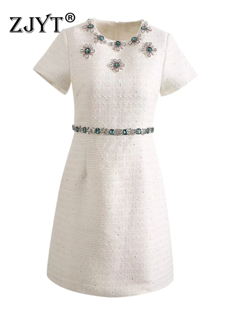 

ZJYT Luxury Diamonds White Tweed Woolen Dresses for Women 2023 Autumn Vestidos Elegant Short Sleeve Party Office Lady Robe Femme