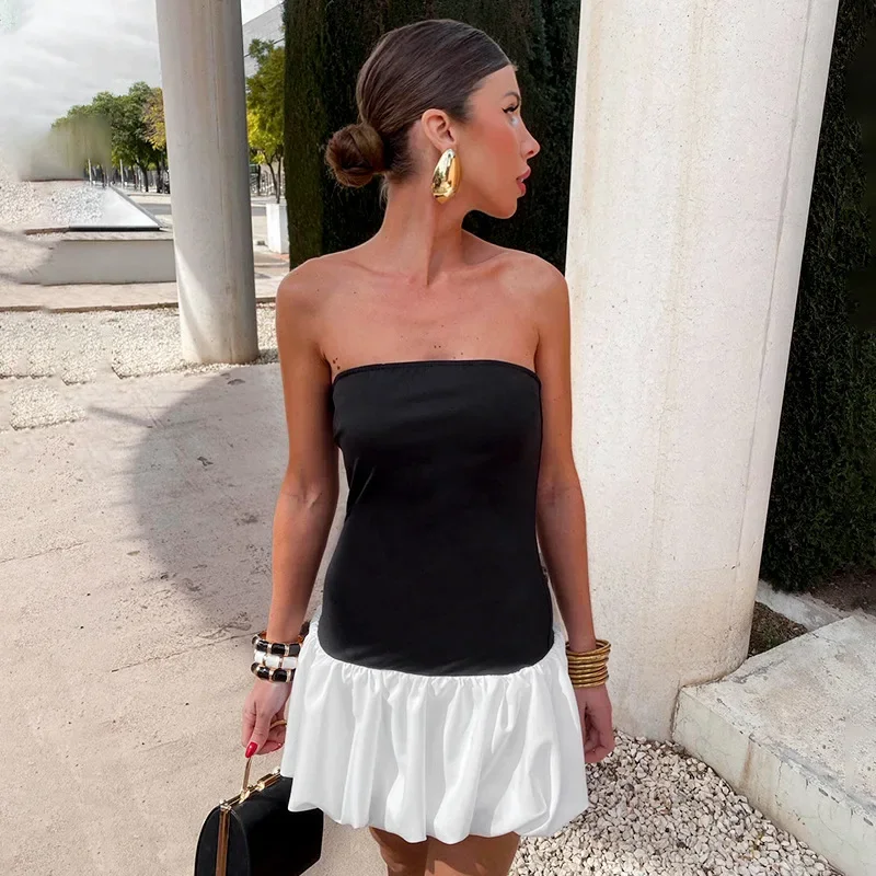 Summer Fashion Ruffled Mini Dress For Women Contrast High Waist Bandeau Patchwork Backless Dress Female Sexy Mini Dress
