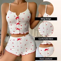 Sexy Sleepwear Women Pajamas Set Heart Print Silk Stain V-Neck Sleeveless Casual Cami Top and Shorts Sets Home Suit Loungewear - Image 2