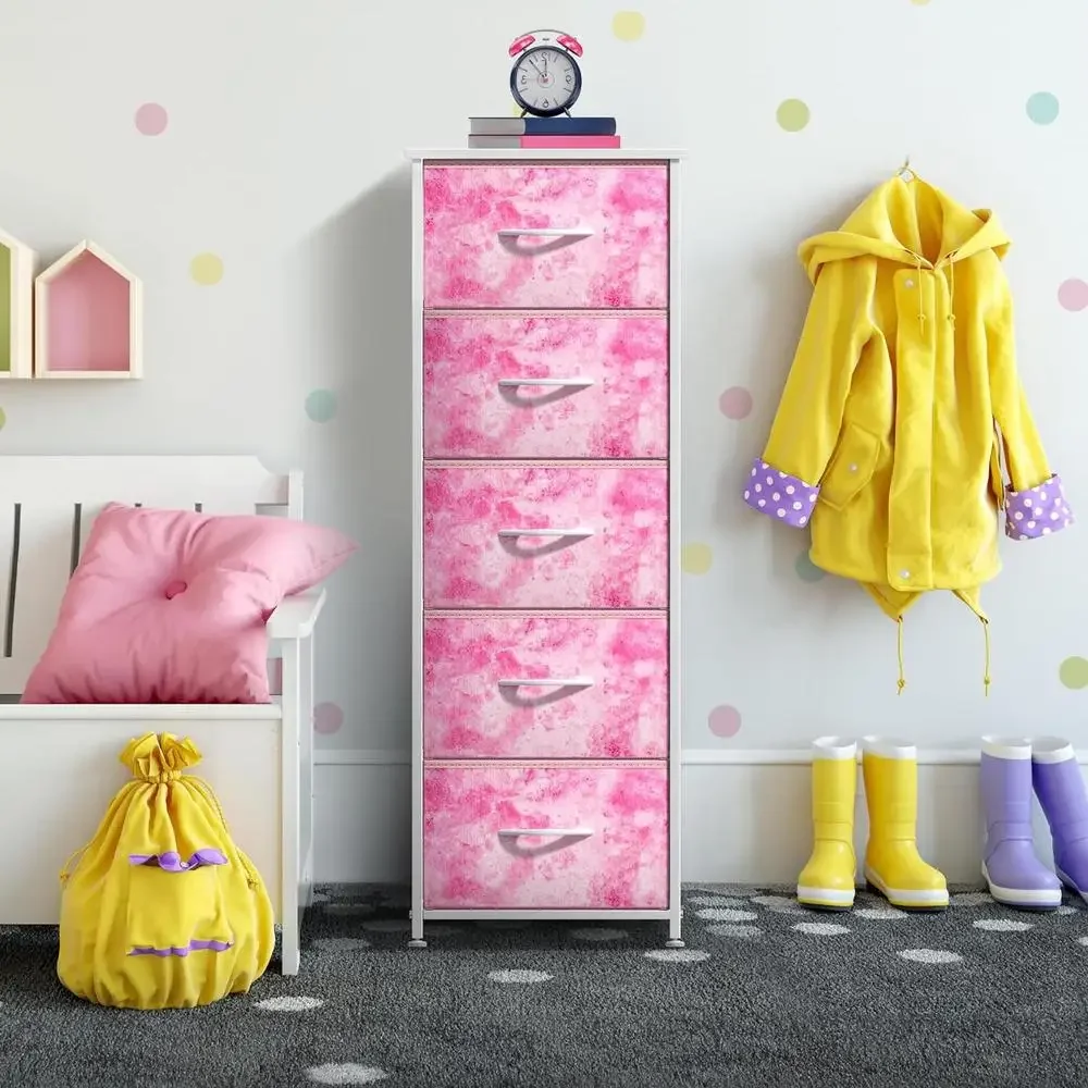 5-Drawer Fabric Nursery Organizer Pink Tie-dye Storage Tower Foldable Drawers Steel Frame MDF Wood Children's Playroom Organizer 6