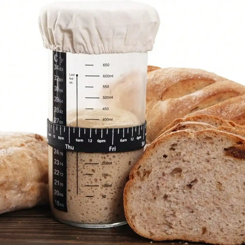 Glass Dough Proofer with ThermometerReusable Round Box LidHand WashDate Marked Feeding TapeKitchen Bread Baking Essentials