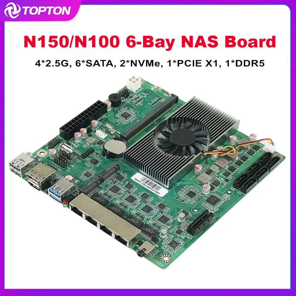 Topton-intel n150 n100マザーボード,6ベイnas,6 * sata 3.0, 2 * m.2