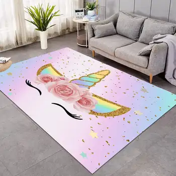 Cute Unicorn Carpet Cartoon Magical Animal Indoor Floor Mat Colourful Floral Area Rug for Kids Girls Living Room Decor Doormat