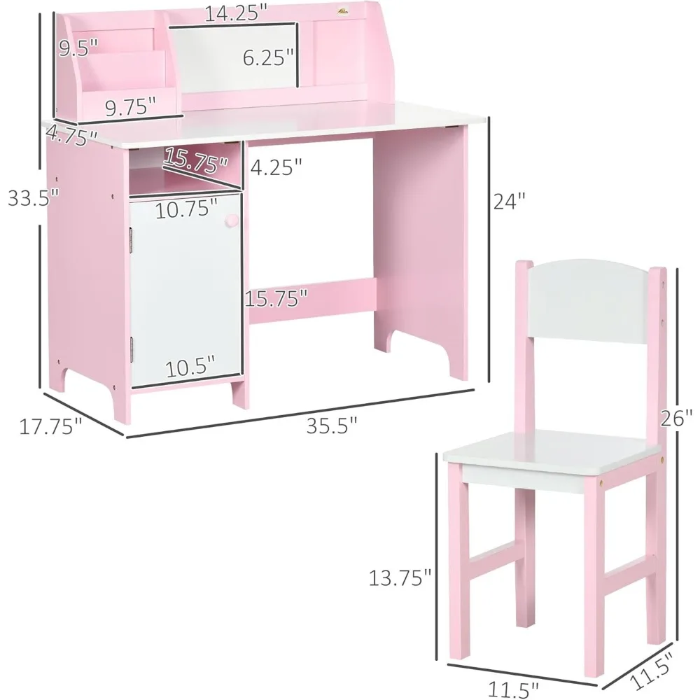 Toddler Desk and Chair Set, Kids Writing Desk Study Table for Children with Whiteboard, Storage Cabinet, Child Furniture 3