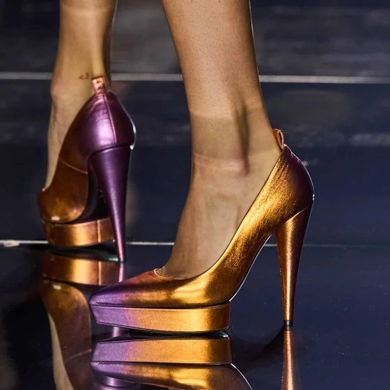 

Shiny Leather Pointed Toe Platform Spike Heels Pumps Slip-On Runway Sexy Elegance Designer Women Shoes Summer New Arrival