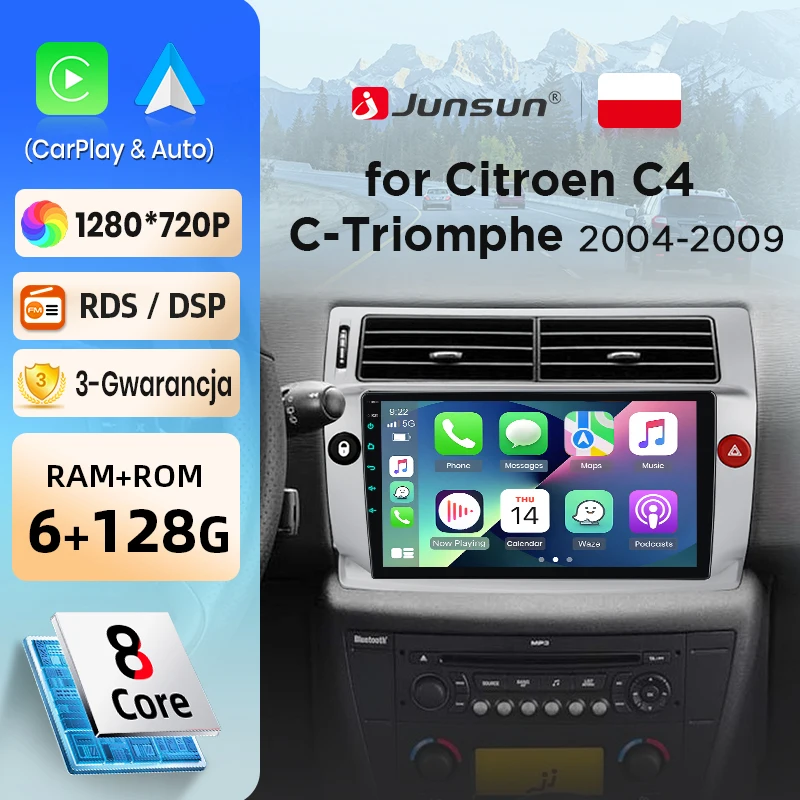 Radio de coche Junsun con CarPlay inalámbrico y Android Auto para Citroen C4 C-Triomphe 2004-2009, sistemas inteligentes para coche, DSP, SWC, RDS, GPS, FM, BT 1