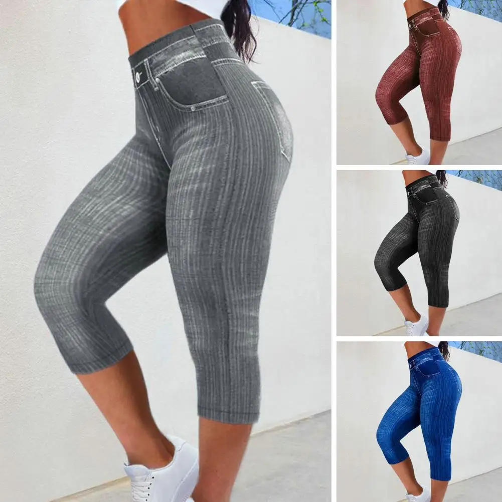 

Women Cropped Pants Stretch Fitness Fake Pockets High Waist Butt-lifted Faux Denim Jeans Soft Casual Thin Pencil Pants Leggings
