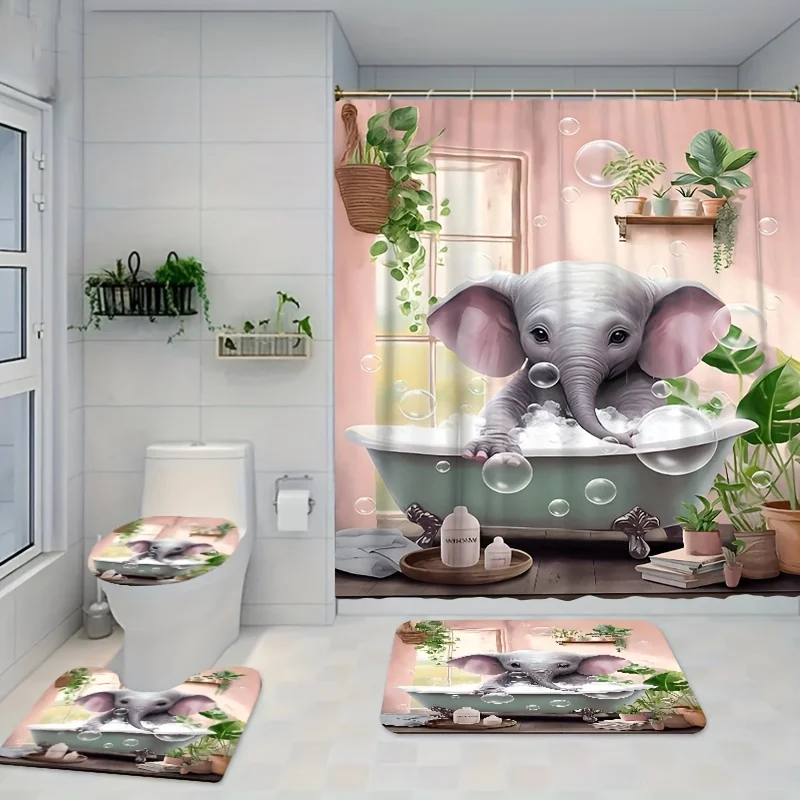 1/3/4PCs bathtub elephant pattern shower curtain set, waterproof shower curtain with 12 hooks, non-slip bath rug, U-shape mat, t