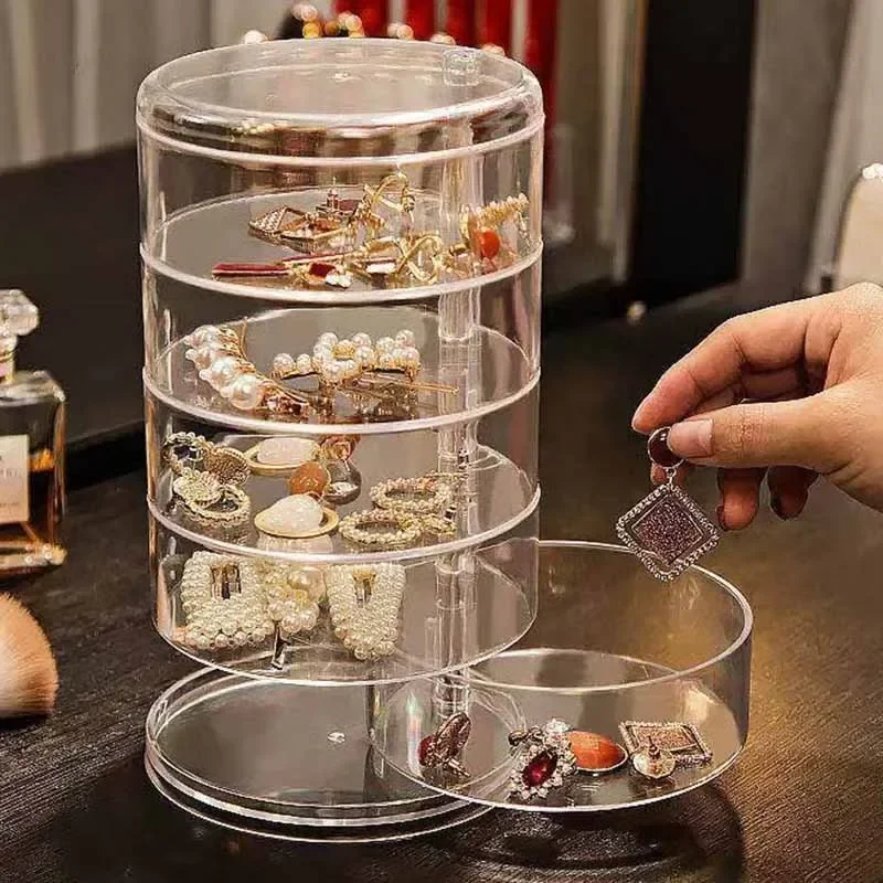 Rotating Jewelry Storage Box Makeup Storage Rack Bracelet Earring Round Plastic Organizer Boxes Holder Display Rack with Cover custom hexagonal low speed motor 4 layers glass shelves rotating jewelry glass display case with led lighting