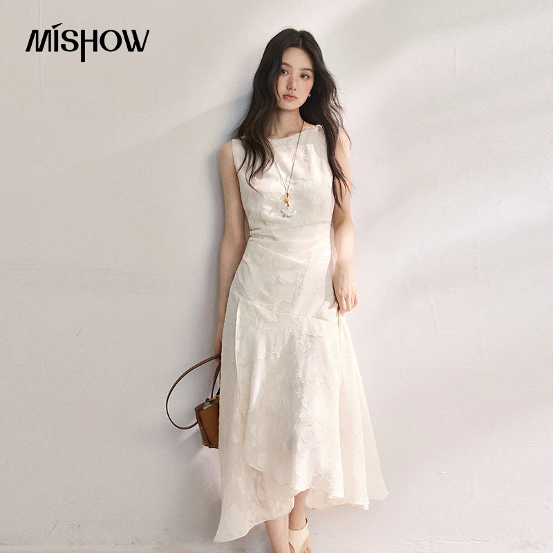 MISHOW Apricot Sleeveless Dress For Women 2026 Summer Round Neck Waist Cinched Pleated Slimming Fish Tail Hem Dress MXF23L2616 MISHOW Apricot Sleeveless Dress For Women 2026 Summer Round Neck Waist Cinched Pleated Slimming Fish Tail Hem Dress MXF23L2616