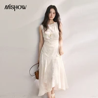 MISHOW Apricot Sleeveless Dress For Women 2026 Summer Round Neck Waist Cinched Pleated Slimming Fish Tail Hem Dress MXF23L2616