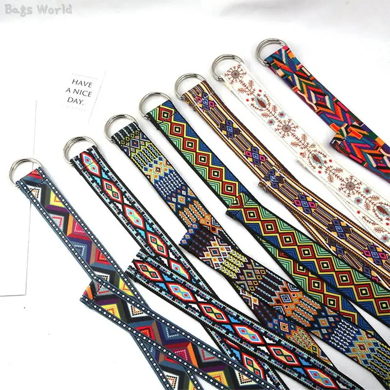 1pc Boho Print Canvas Belt Double D-Ring Buckle Canvas Casual Waist Strap For Women Decoration Waistband