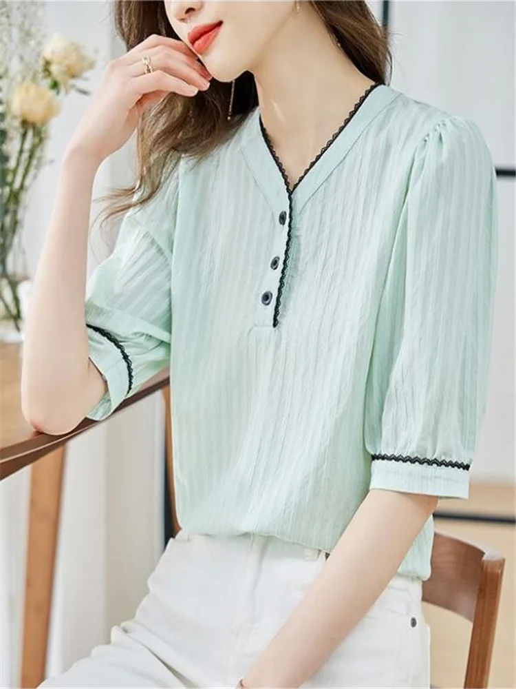 Women Summer Artsy Pure Color 100 Cotton V Neck Shirt main image 1
