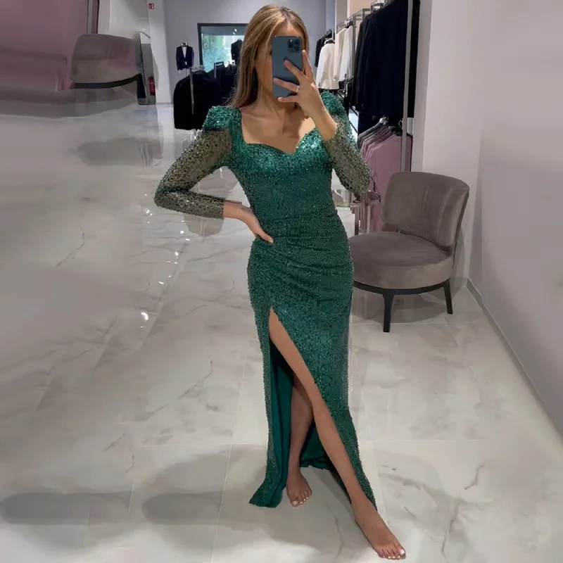 

Green Mermaid Luxury Evening Dresses Customized OEM/ODM1664 Party Gowns 2023 Beaded Elegant High Split For Women