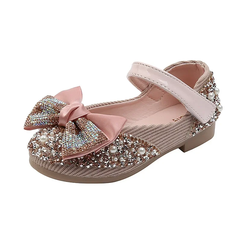New Children Leather Shoes Rhinestone Bow Princess Girls Party Dance Shoes Baby Student Flats Kids Performance Shoes