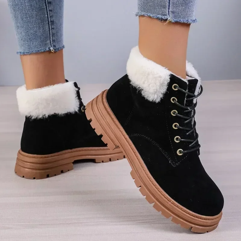 2023 New High Quality Shoes Female Lace Up Women's Boots Winter Round Toe Flock Plush Warm Mid Heel Casual Naked Boots Shoes