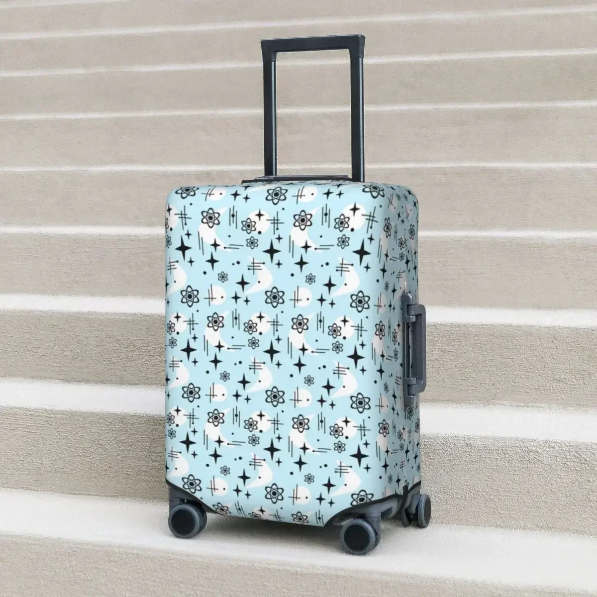 

Atomic Age Blue Suitcase Cover Holiday Retro Pattern Cute Fun Luggage Case Cruise Trip Protector