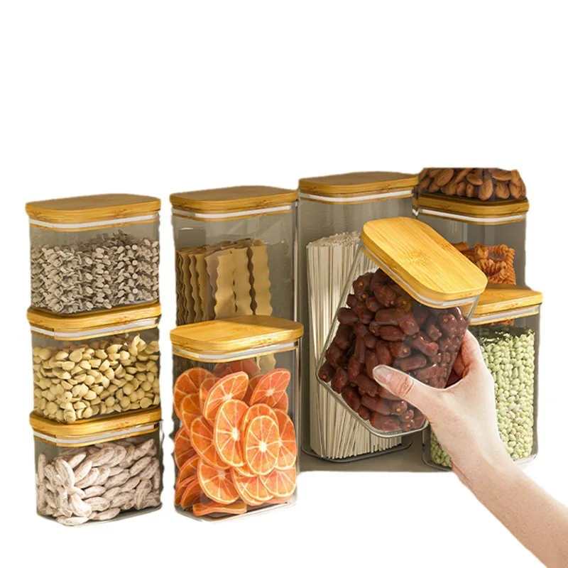 1100ML Square Sealed Plastic Food Jar Bamboo Cover Kitchen Cereal Jar Storage Box Transparent Tea Storage Jar Kitchen Supplies 5