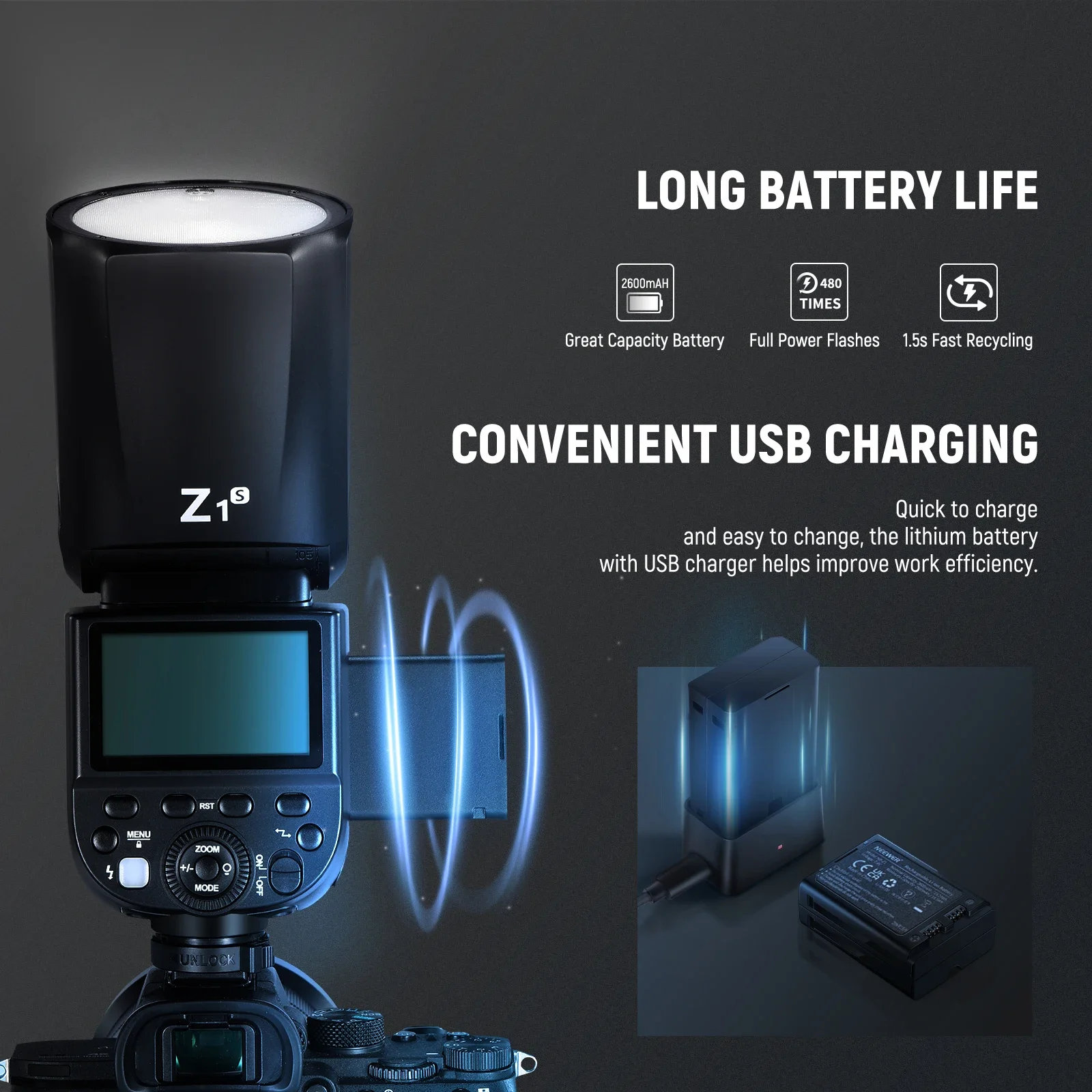 NEEWER Z1-S TTL 라운드 헤드 스피드라이트 플래시 키트( 카메라용), 76Ws 2.4G 1/8000s HSS 스피드라이트(모델링 램프 포함)