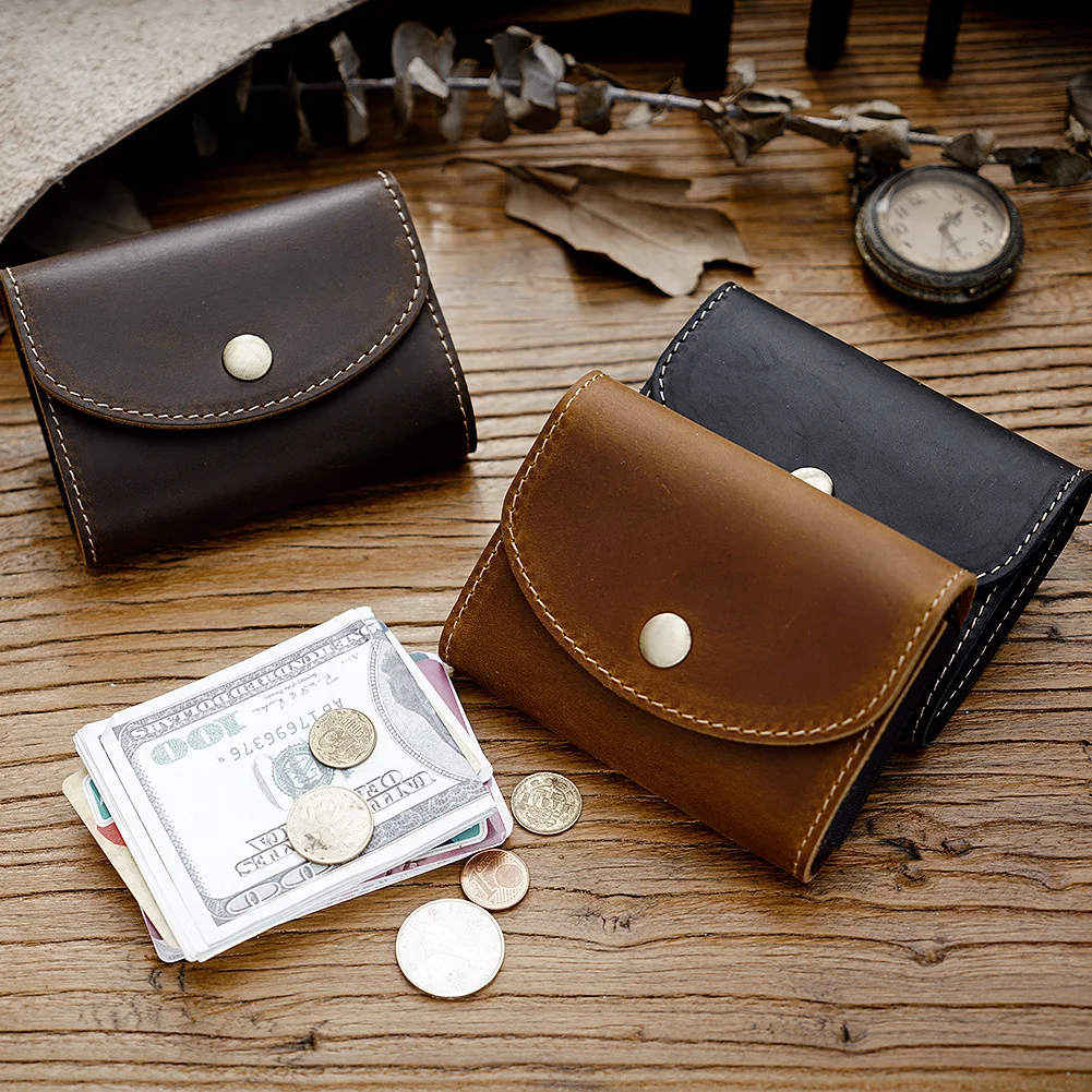 Top Layer of Cow Buckle Wallet Men's Genuine Leather Large Capacity Card Storage Case with 12 Card Slots Vintage Bag Purse