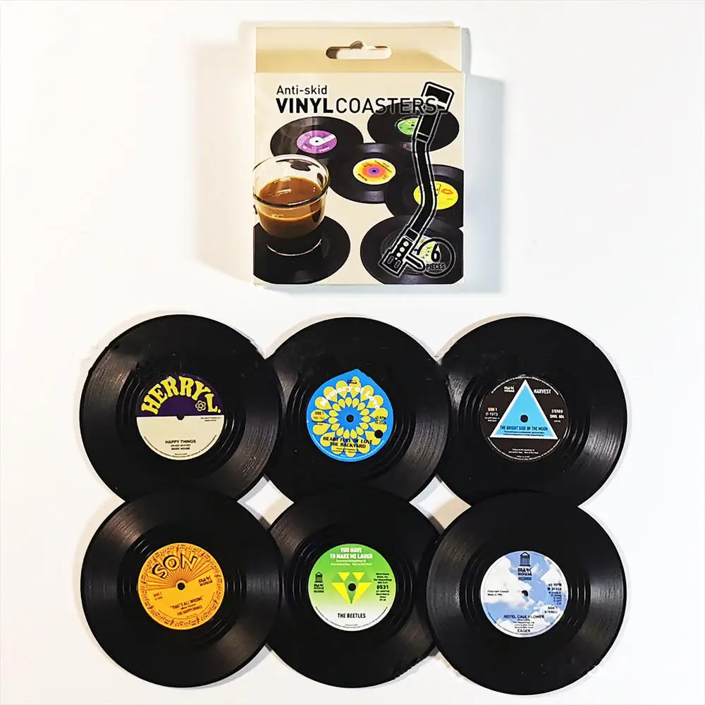 Vinyl Record Coaster Set with Humorous Labels - Protects Furniture from Water Marks