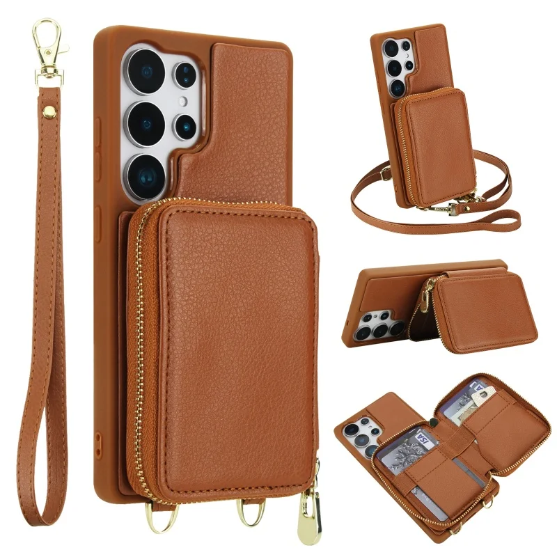 Crossbody Leather Wallet Phone Case with Zipper Cover