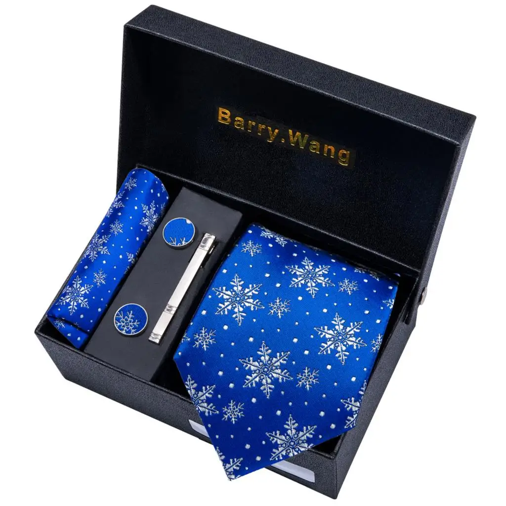 

Barry.Wang Boxed Men Christmas Tie Royal Blue Silk Necktie Pocket Square Cufflinks Set Xmas Festival Cravat With Box Snow Santa