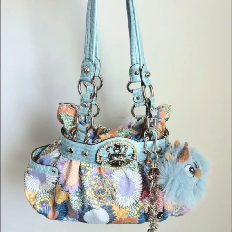Retro Y2k Hot Girl Tote Bag Women Floral Print Studded Large Capacity Shoulder Bag Ladies Subculture Handheld Crossbody Bag 2025