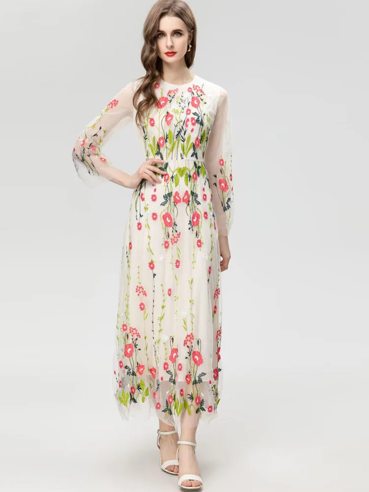 

Женское длинное Сетчатое платье с круглым вырезом и цветочной вышивкой