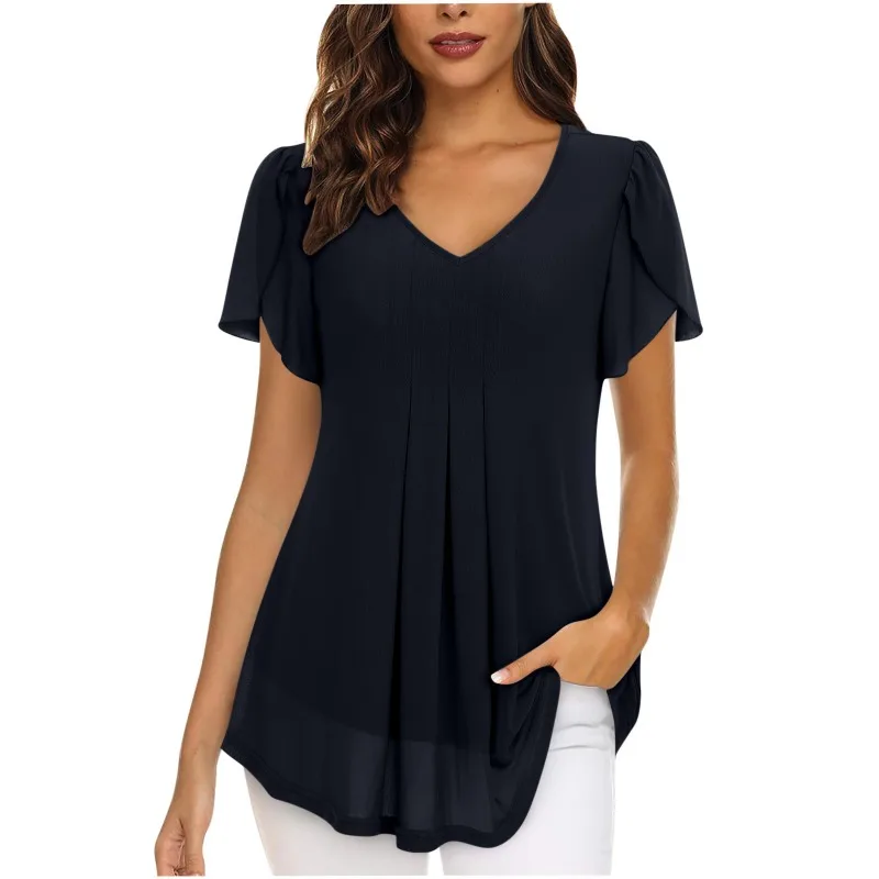 

Summer Women's Pullover Solid Color V-Neck Pleated Chiffon Petals Short Sleeve Shirt SlimT-shirt Fashion Casual Elegant Tops