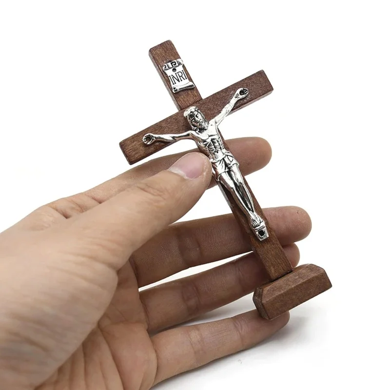 Close-up of the wooden cross and tabletop stand