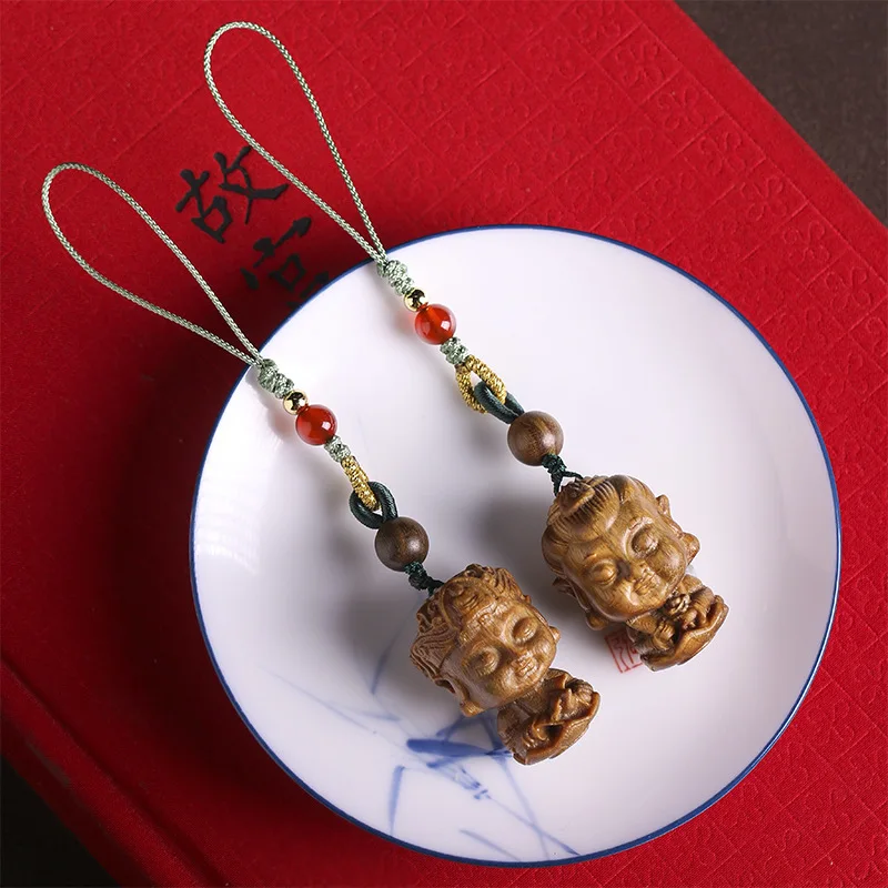 

Chinese style green sandalwood Q version twelve zodiac life Buddha eight guardian gods pendant diy carving mobile phone pendant