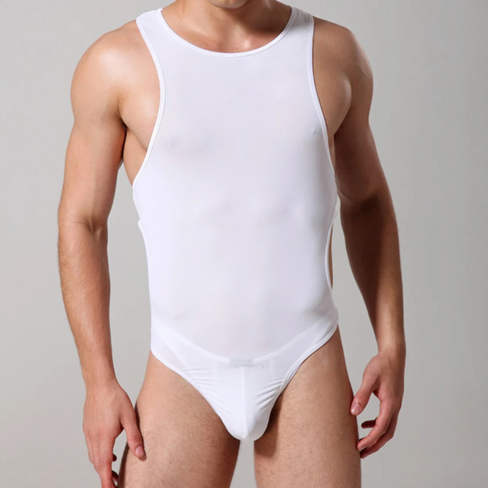 

Men Jumpsuit Sexy Ice Silk Comfortable Soft Solid Color Leotard Sleeveless Vest High Slit Bodysuit Underwear Seductive Lingerie