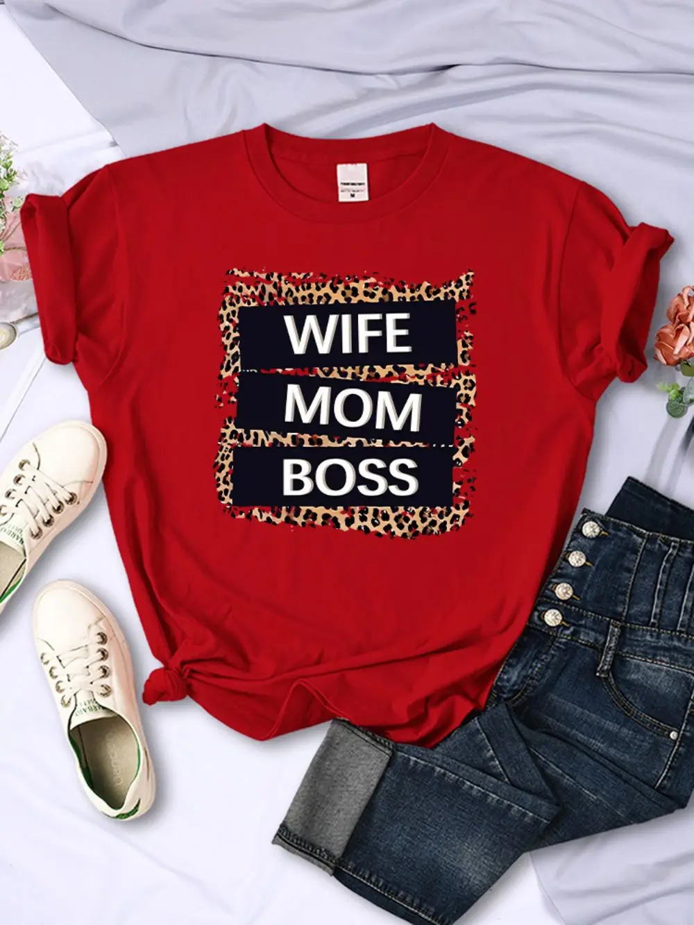 Straße Frau T-Shirts Frau Mama Boss Brief Leopard Drucke T-shirts Weiche Atmungsaktive Oansatz Kurzarm Sommer Casual Weibliche Kleidung – Detail 20