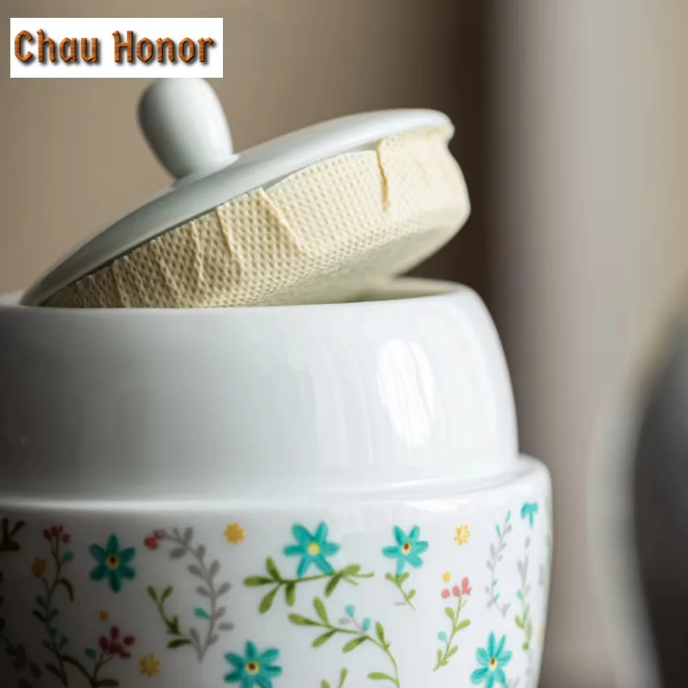 Creative French Flower Ceramic Tea Caddy with Tea Scoop Golden Rabbit Leaf Canister Tea Box Organizer Jar Ornaments Decoration