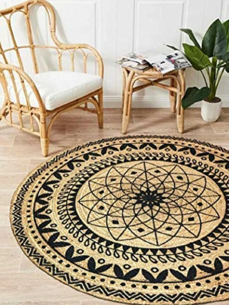 

Jute Rug Handmade Living Room Carpet 80cm TC Beige & Black Indian Jute Round Area Rug Bedroom Home Decor