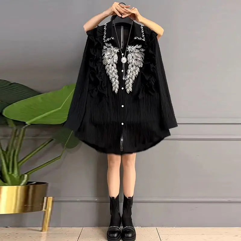 Stylish Diamonds Beading Shirt Casual Ruffles Spliced Women's Clothing Commute Single-breasted Spring Autumn Lapel Loose Blouse stylish women suits dress one piecce diamonds beads sequins formal buttons blazer peaked lapel tailored mother of the bride