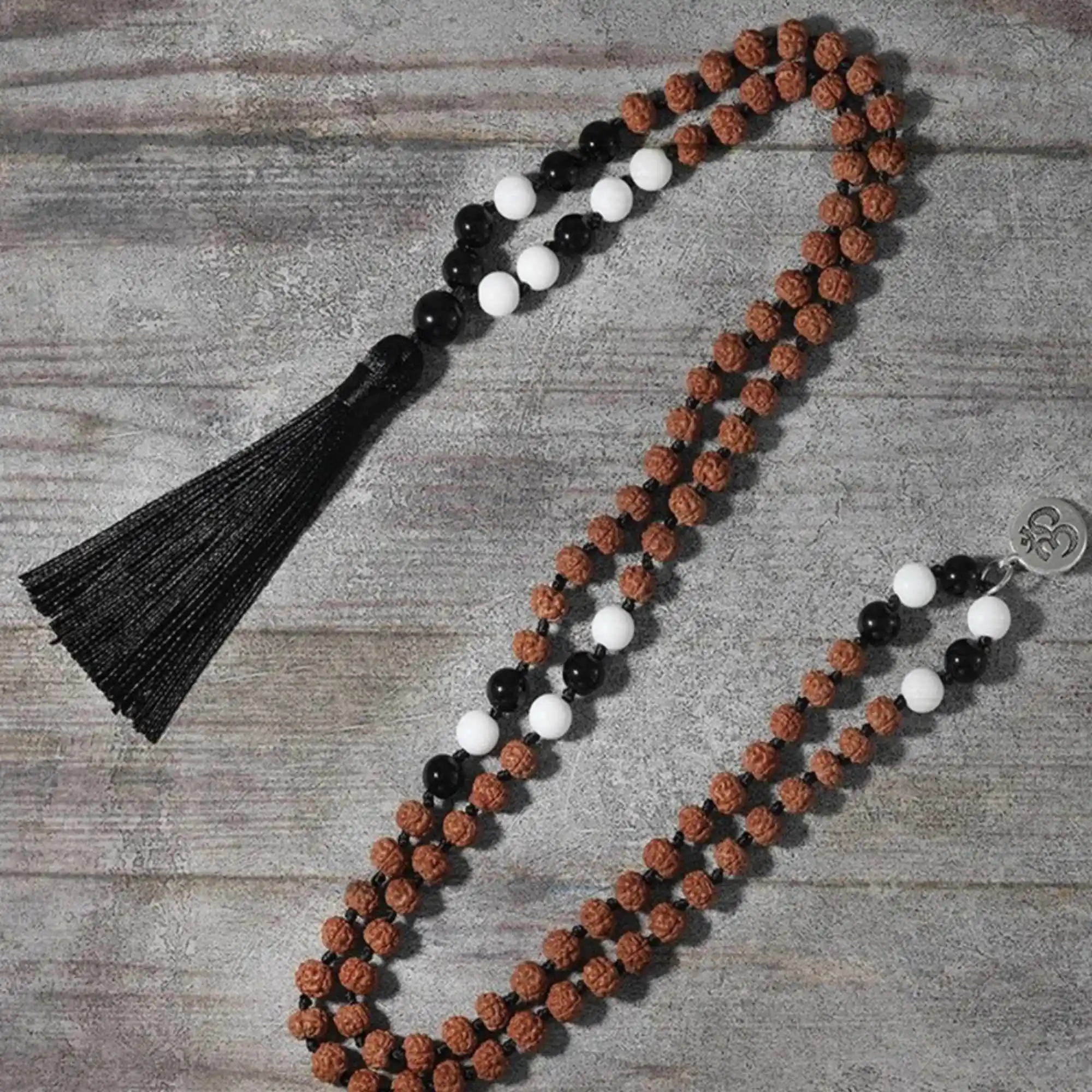 

8mm Natural brown Rudraksha Black Agate White Jade 108 knot necklace Energy Calming Wrist Practice Restore Dark Matter Elegant