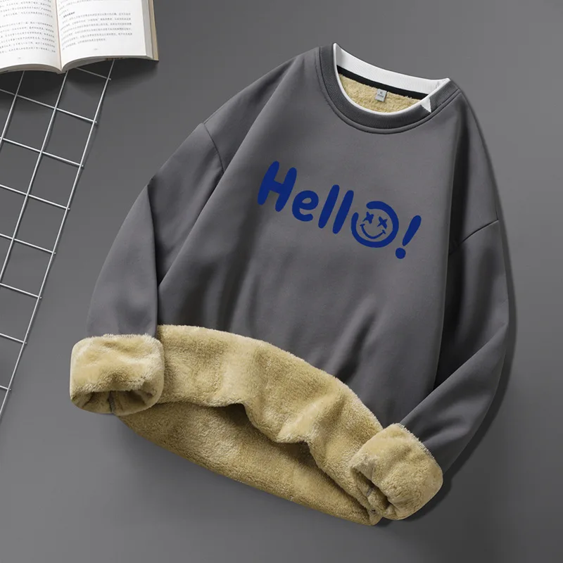 New Youth Lambswool Autumn and Winter New Men's Sweater Casual Teenagers' Long-Sleeved T-shirt round Neck Fleece Padded Coat