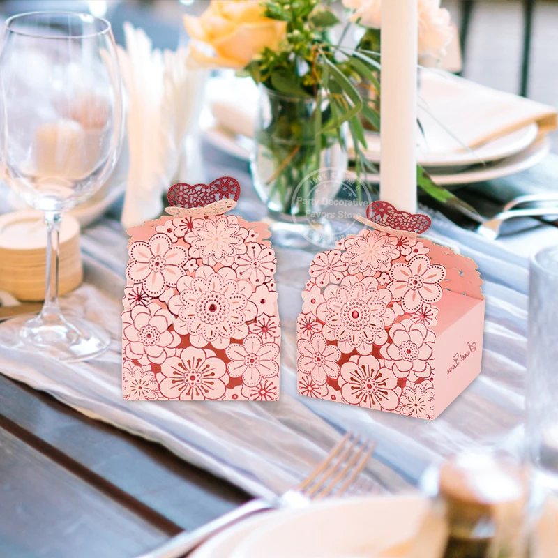 10/20Pcs Pink Butterfly Floral Laser Cut Candy Boxes for Wedding Favors, Birthday Party... - SKU GPB17088 - UGI Packaging