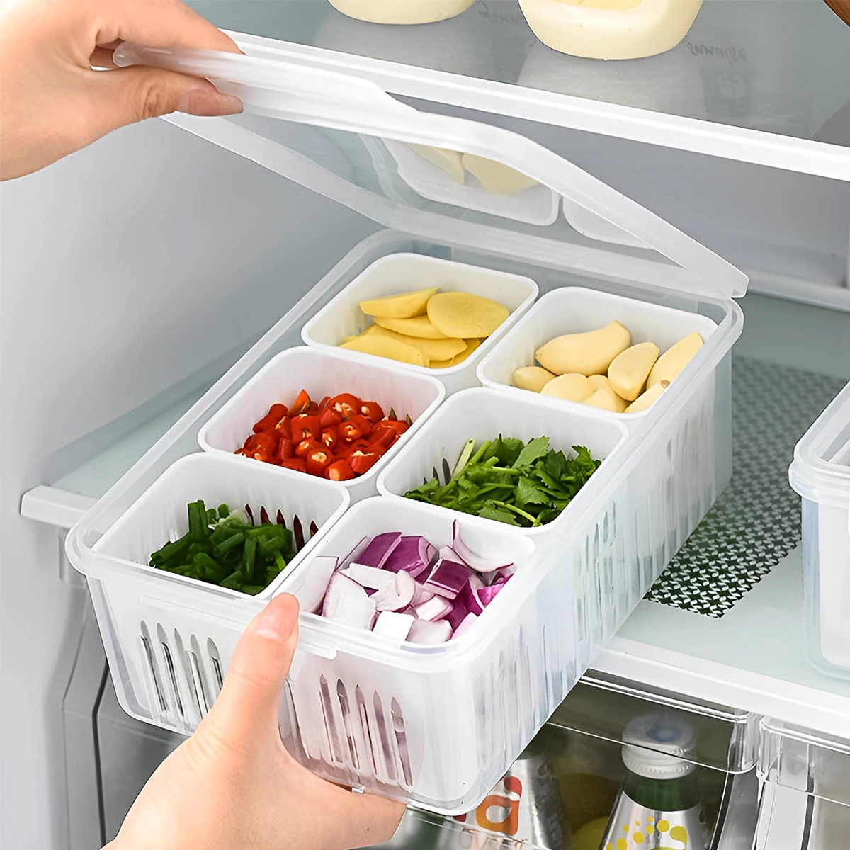 Refrigerator Storage Box 6/8 Grids Food Vegetable Fruit Storage Box Scallion Preservation Box Kitchen Divided Storage Container 2