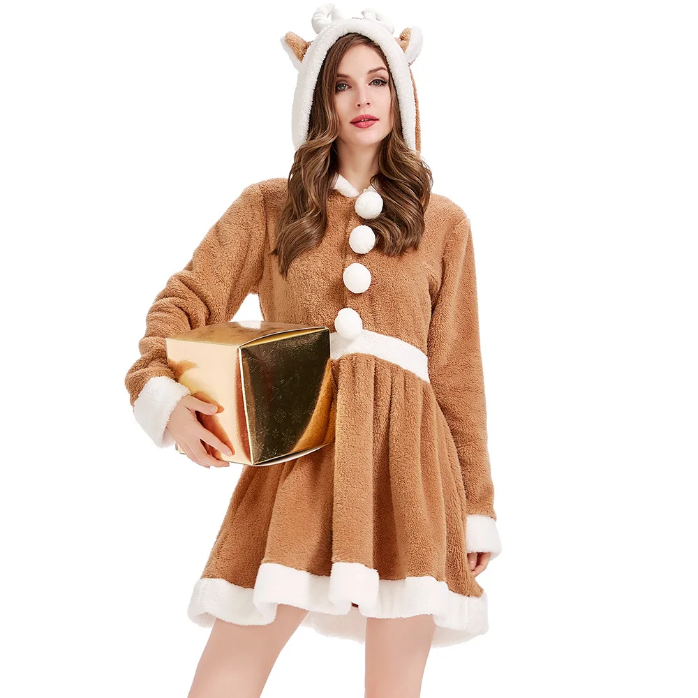 

Woman Sweet Elk Cosplay Dresses Christmas Clothing Cute Reindeer Animal Cos Dress Khaki Elk Loose Pajamas Flannel Hoodied Cloak