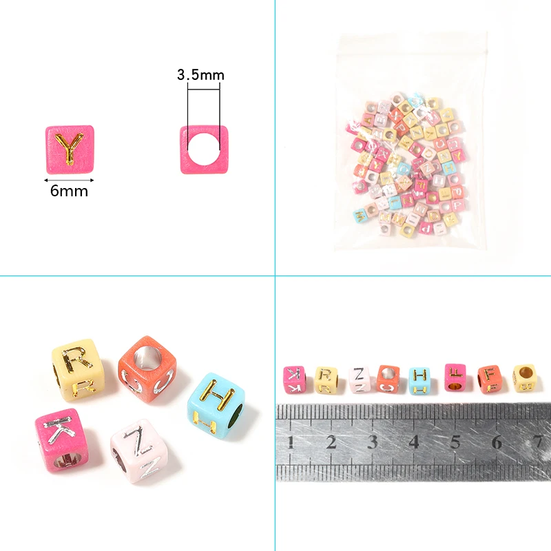 100 teile/los 6mm Mix Farbe Quadrat Alphabet Buchstaben Perlen DIY Armbänder Halskette Großes Loch Acryl Perlen für Schmuck Machen liefert – Detail 1
