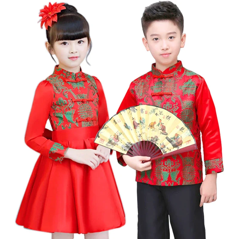 

Костюм Тан 2024 года, традиционная китайская Новогодняя одежда для мальчиков и девочек, вышитая детская одежда для сцены, семейный праздник, Восточная одежда ханьфу