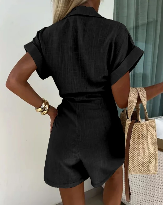 Women's Casual Jumpsuit 2024 Summer Lace Up Details Pleated V-Neck Cross Tie Jumpsuit Shorts Short Sleeved Vacation Jumpsuit