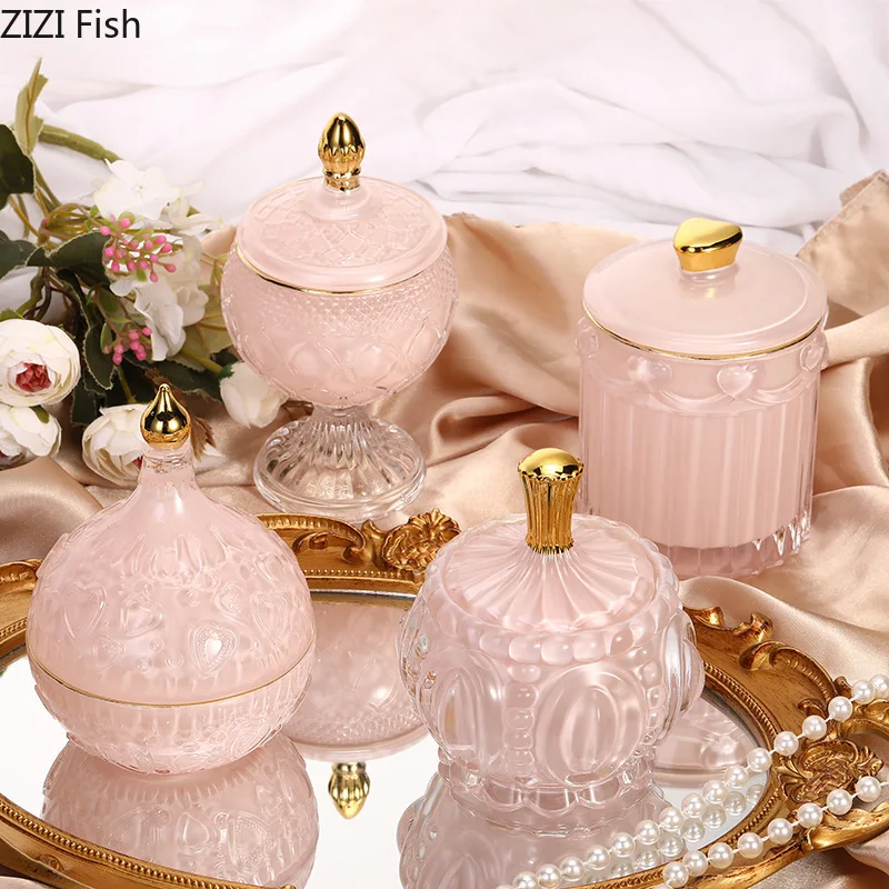European Pink Glass Storage Jars And Lids Dressing Table Jewelry Jar Cosmetic Containers